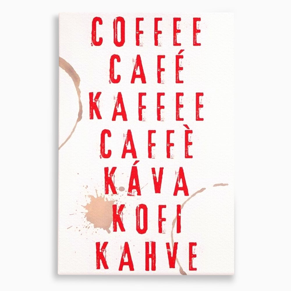 Tablou canvas cu tablou canvas cu tipografie cafea in sapte limbi, fara rama, pe sasiu de lemn